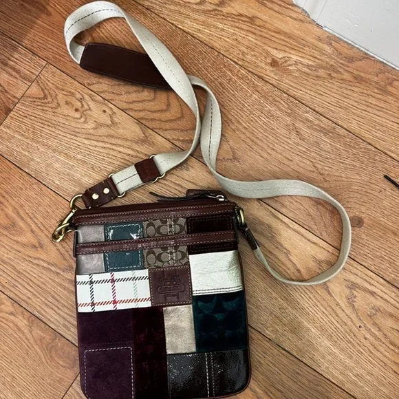 Coach Holiday Limited Edition Patchwork Crossbody Blue, Red, Green, Gold - Picture 1 of 13